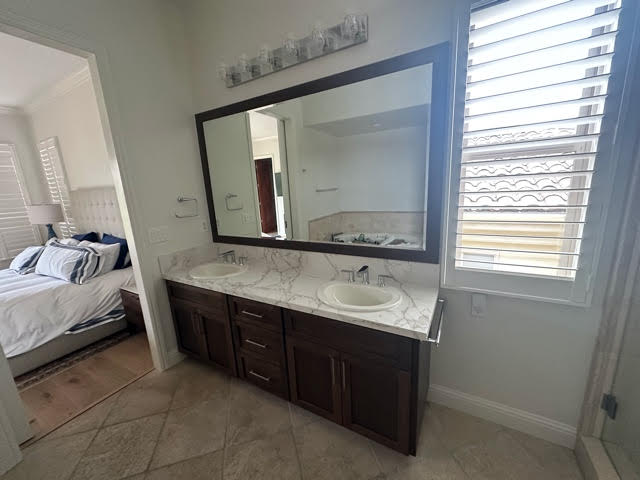 Bathroom Vanity Cabinet Reface and Stain with New countertop, Fixtures and Mirror Frame 